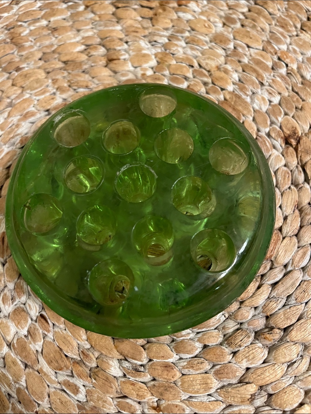 Vintage Uranium 13 hole Glass Flower Frog Vase Insert - Decorative Floral Holder